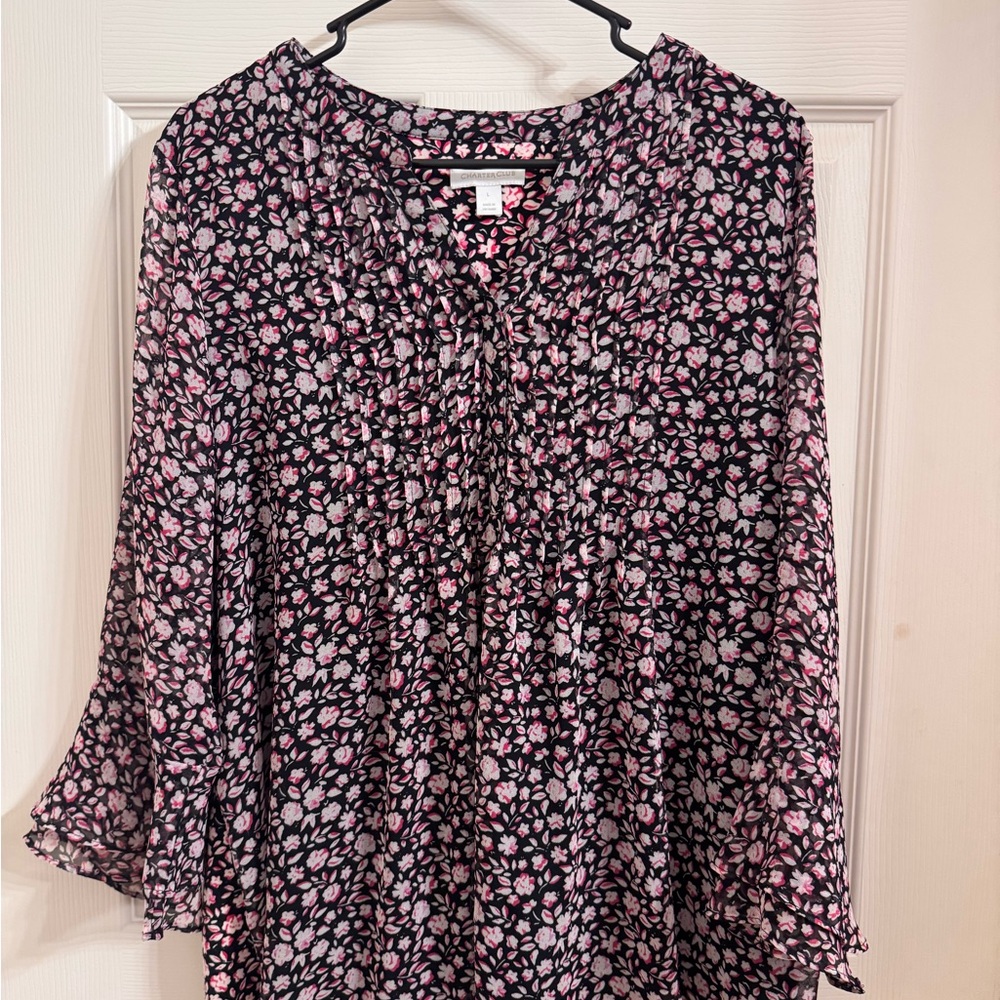 Charter Club Pink and Black Floral Blouse